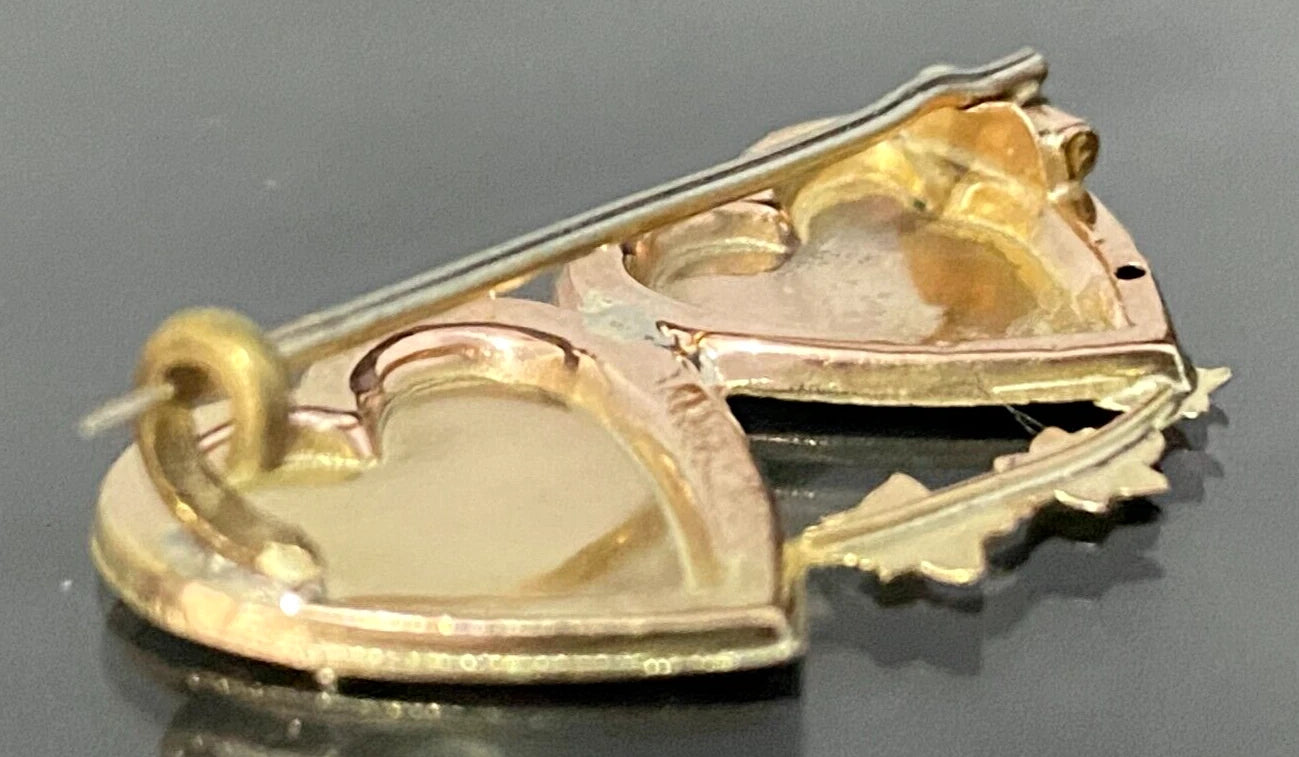 Antique 9K Rose Gold Double Heart Mizpah Brooch