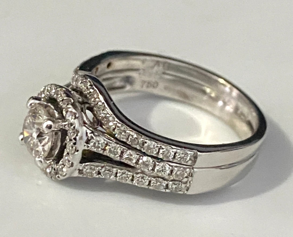 18K White Gold & 1.0CT Diamond Halo 2 Parts Bridal Set Ring Size K 1/2 - 5 1/2
