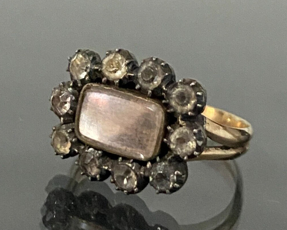 Georgian 9K Rose Gold & Hairwork Memorial Ring Size I 1/2 - 4 1/2