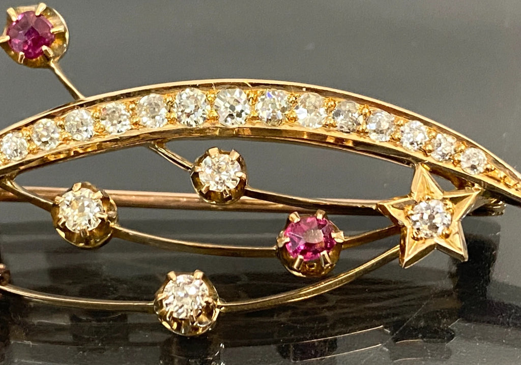 Victorian 15K Yellow Gold Ruby Diamond Crescent Moon Star Comet Brooch 41mm