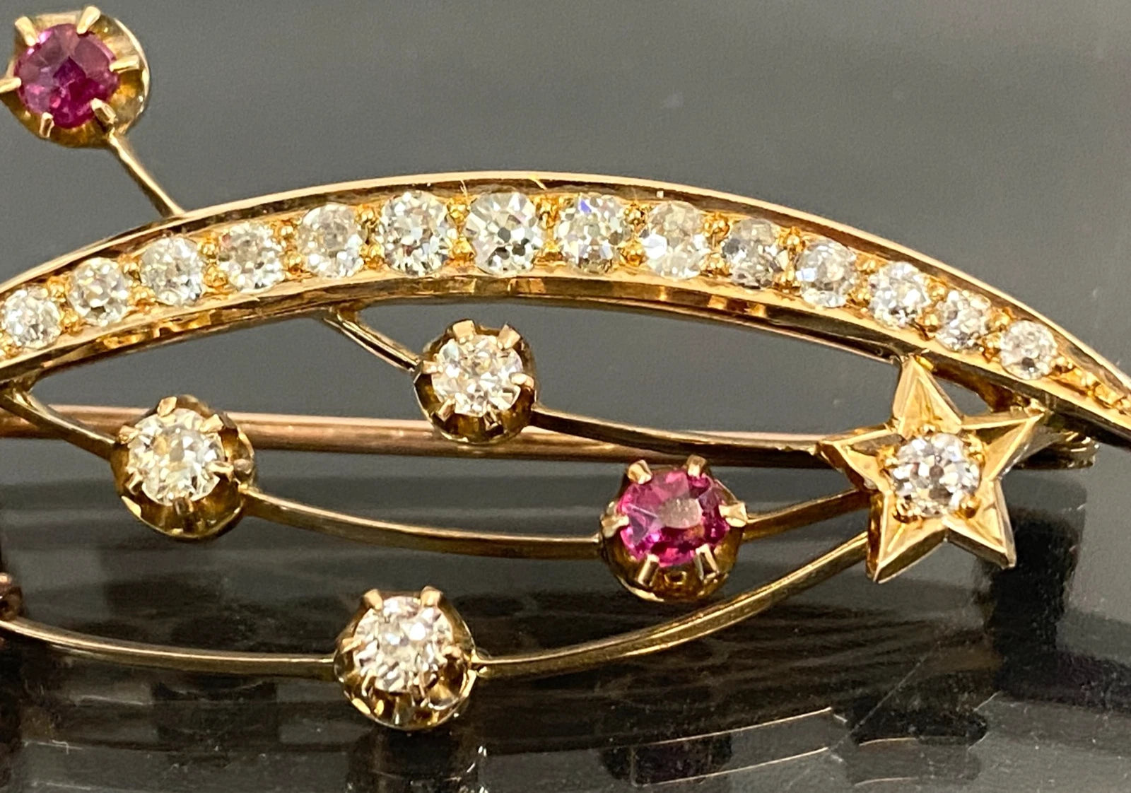 Victorian 15K Yellow Gold Ruby Diamond Crescent Moon Star Comet Brooch 41mm