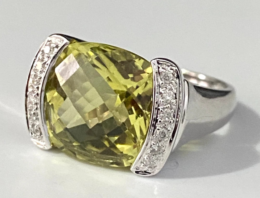 14K White Gold W/ Citrine & Diamond Ring Size N - 6 3/4