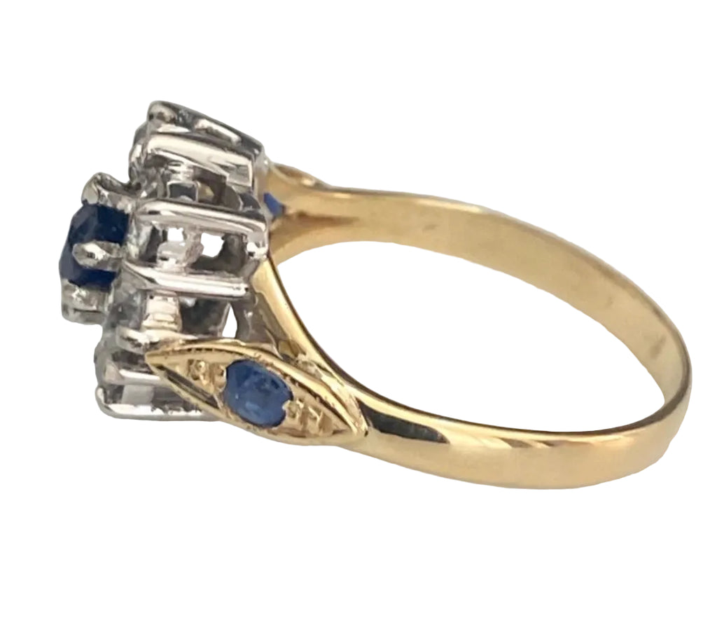 Vintage 18K Gold Sapphire & 0.90CT Old Cut Diamond Cluster Ring Size P (US 7.75)