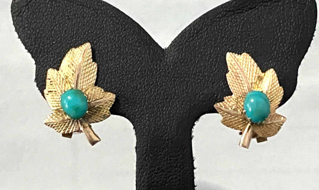 A mid 20th 14K Yellow Gold & Turquoise Clip On Leaf Earrings