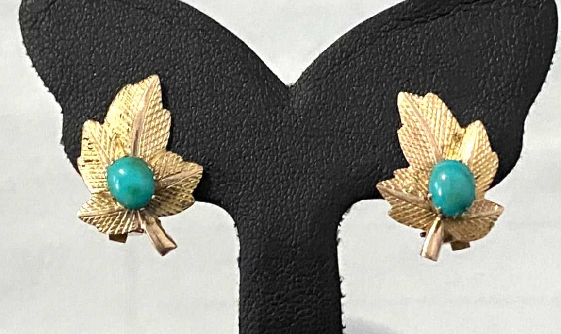 A mid 20th 14K Yellow Gold & Turquoise Clip On Leaf Earrings