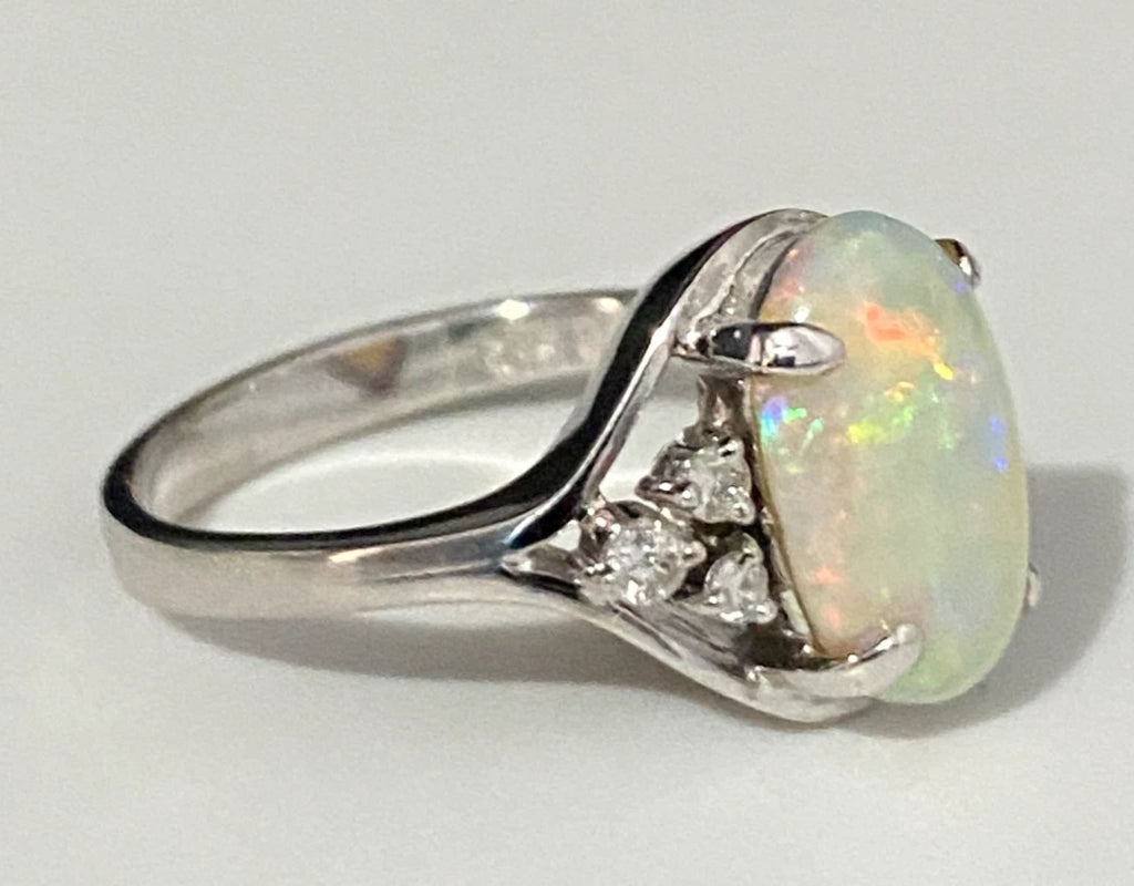 14K White Gold With Opal & Diamond Ring Size N - 6 3/4