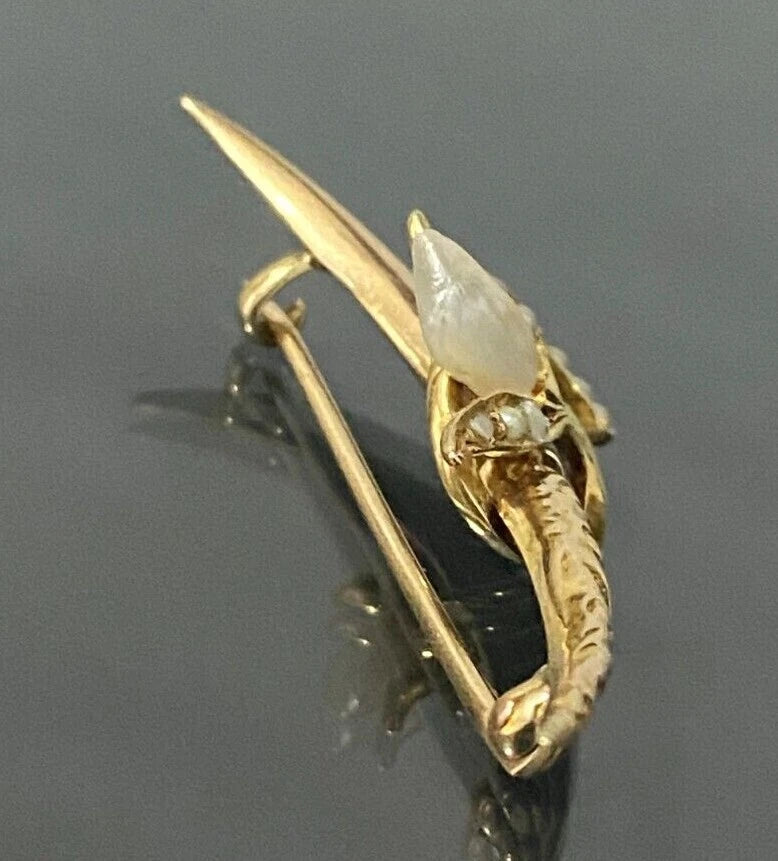 Antique 14K Yellow Gold & Pearl Flower Crescent Brooch Pin