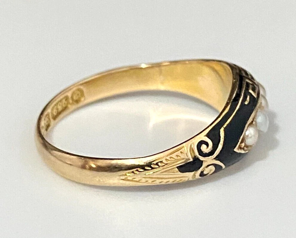 Victorian 15K Yellow Gold W/ Pearl Enamel Ring C1881 Size P 1/2 - 7 3/4