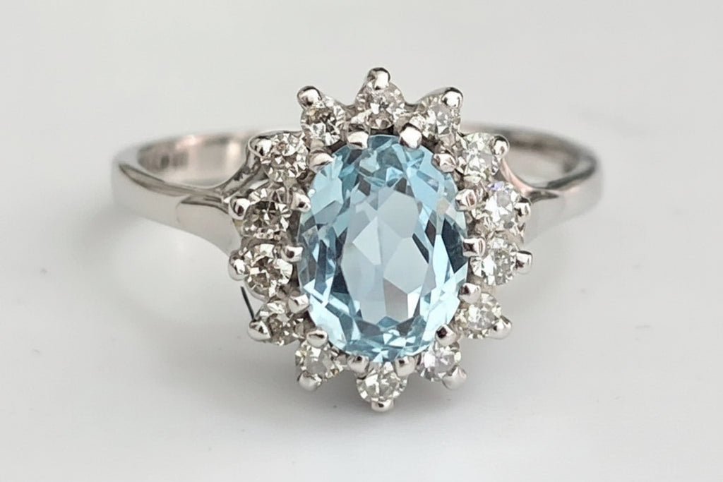 18K White Gold Aquamarine & Diamond Cluster Ring Size P 1/2 (US 8)