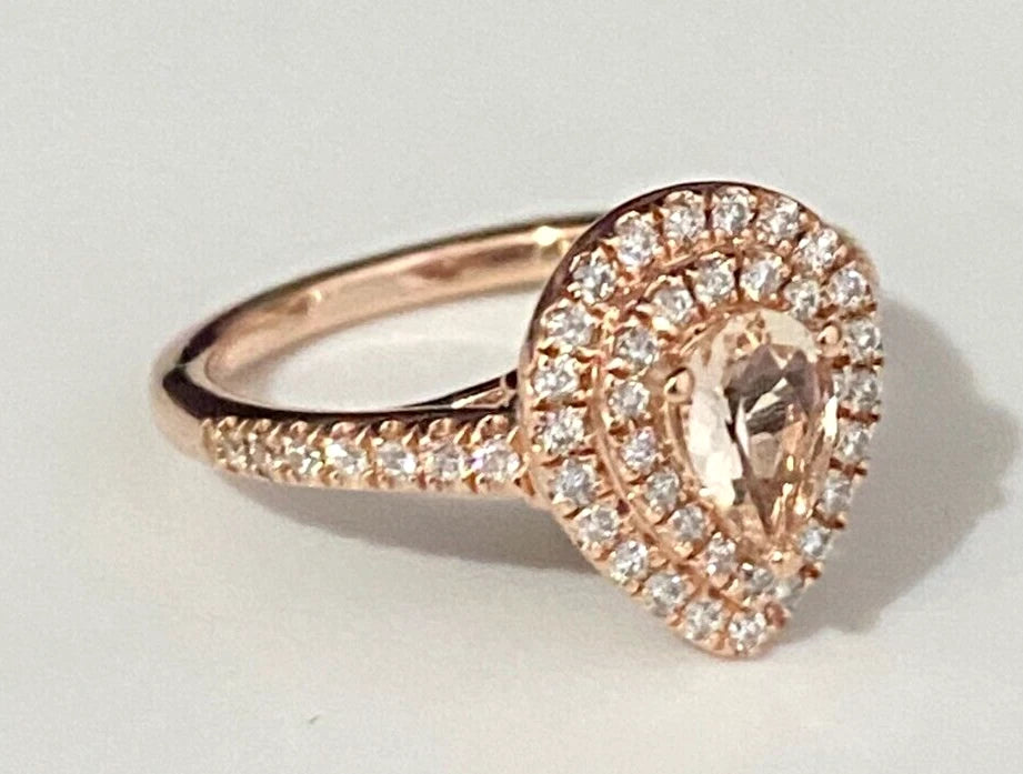 10K Rose Gold W/ Morganite & 0.25CT Diamond Halo Ring Size H 1/2 - 4
