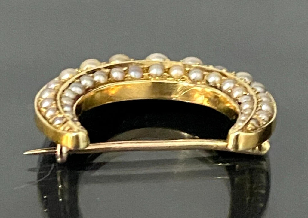 Antique 15K Yellow Gold & Pearl Crescent Brooch