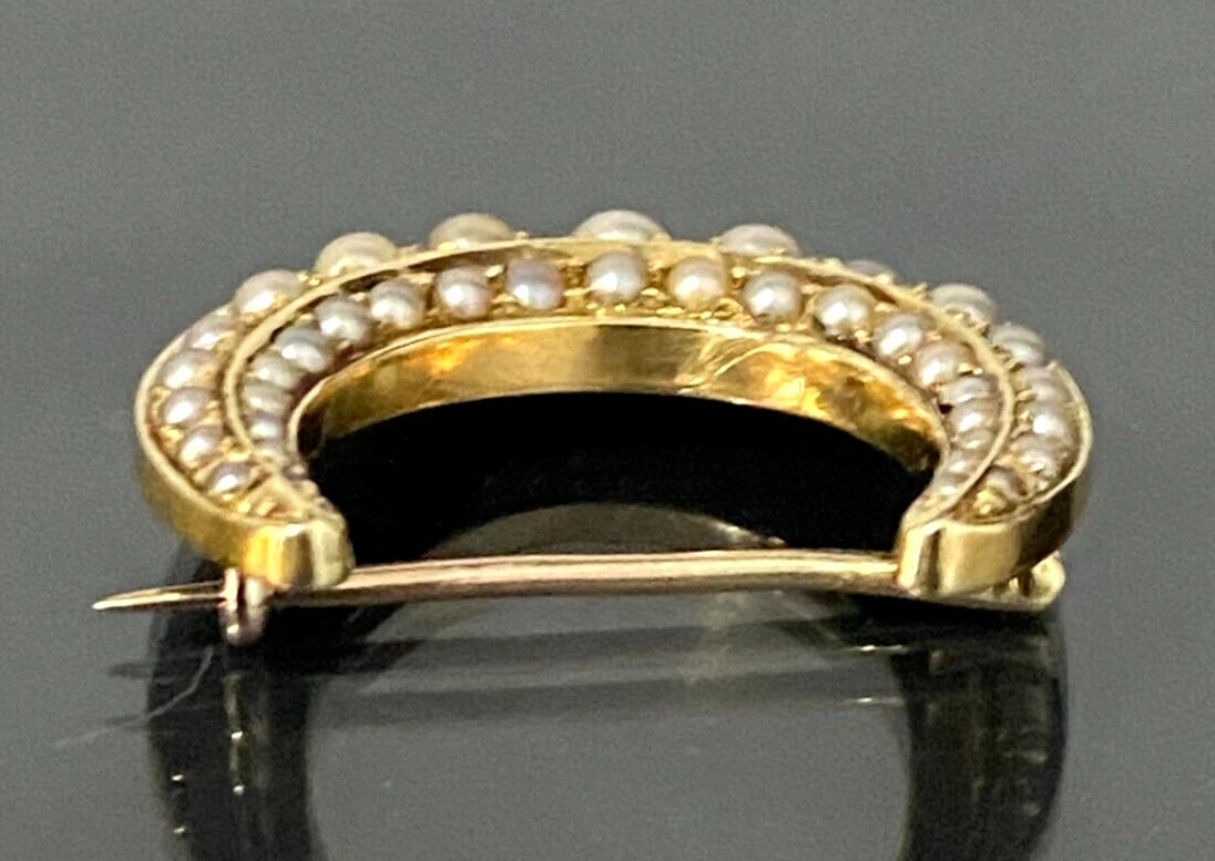 Antique 15K Yellow Gold & Pearl Crescent Brooch