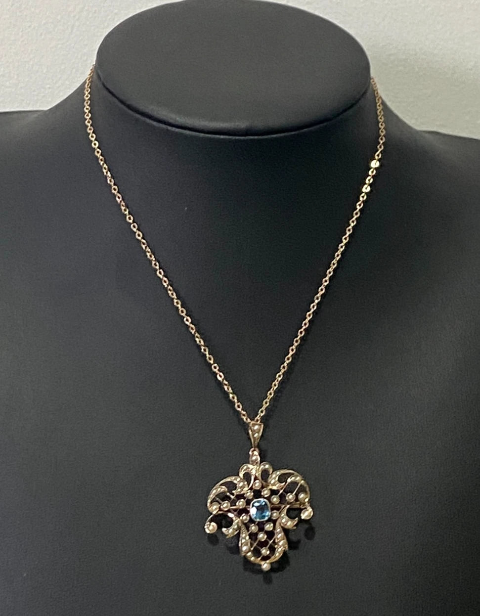 Edwardian 9ct Yellow Gold Aquamarine & Seed Pearl Drop Pendant Brooch – 42.5mm