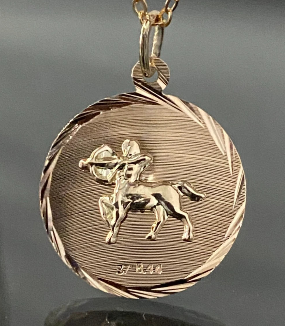 9K Yellow Gold Sagittarius Zodiac Sign & Virgin Mary Double Face Pendant