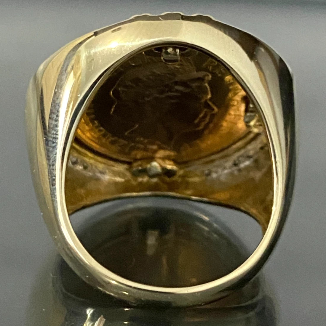 22K Gold Full Sovereign Coin W/ Diamond in 9K Gold Ring Size U - 10 1/2