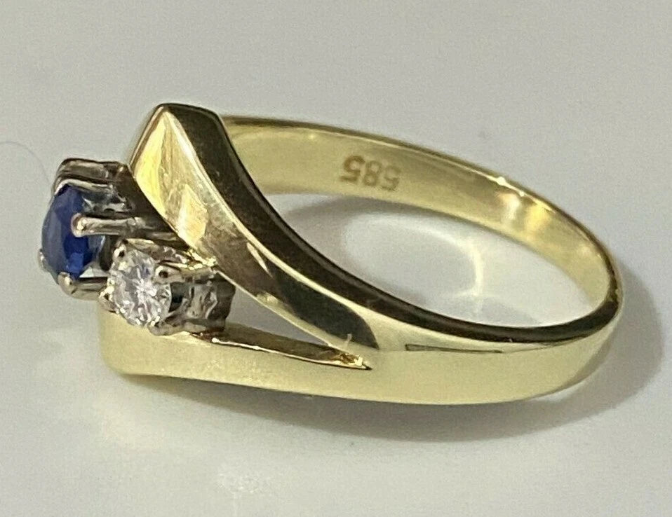 14K Yellow Gold W/ 0.20CT Diamond & Sapphire Ring Size N 1/2 - 6 3/4