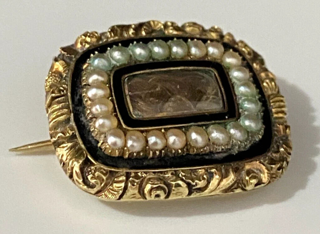 GEORGIAN 15K Gold Pearl & Woven Hairwork Enamel Memorial Brooch DATED 1822