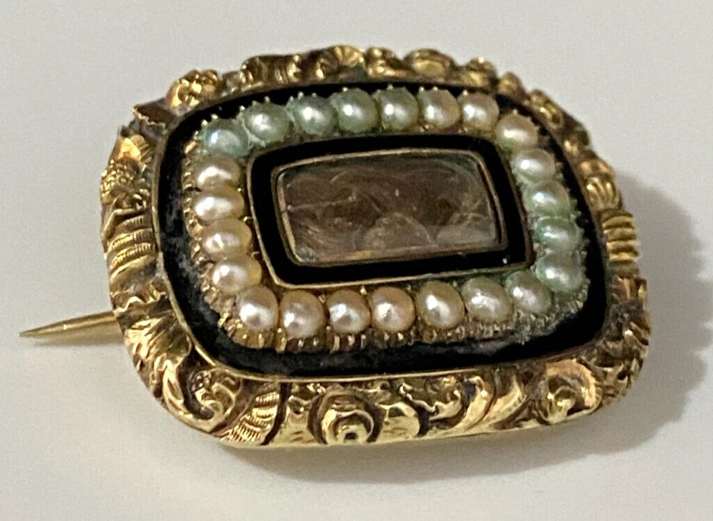 GEORGIAN 15K Gold Pearl & Woven Hairwork Enamel Memorial Brooch DATED 1822