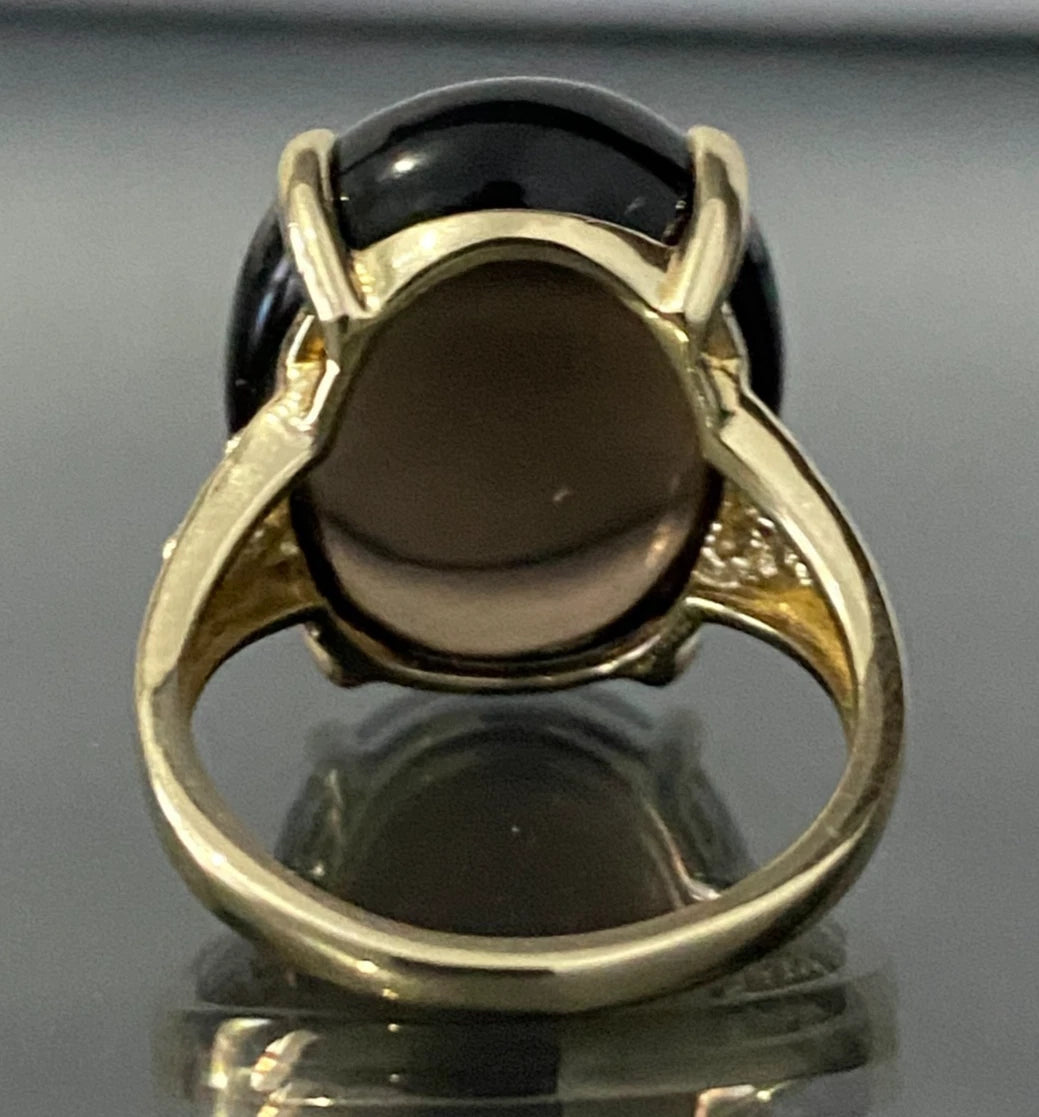 10CT Yellow Gold W/ Cabochon Smoky Quartz & Diamond Ring Size M - 6 1/4