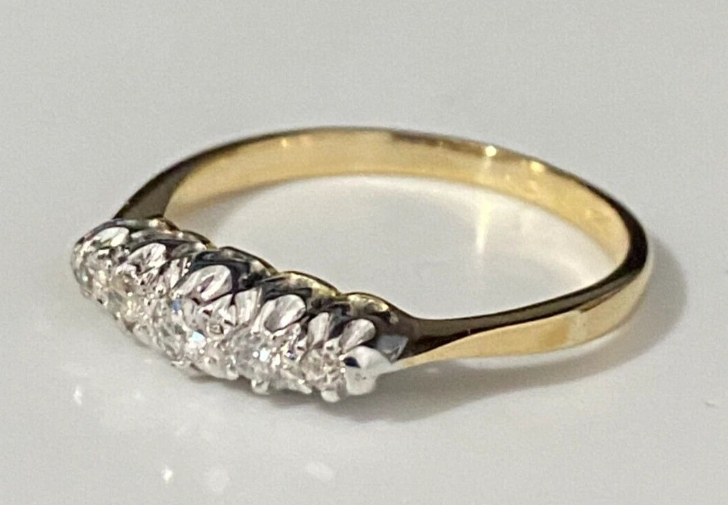 Art Deco 18K Yellow Gold & Diamond Five Stone Ring Size K 1/2 - 5 3/8