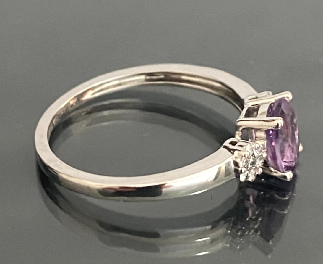 9K White Gold Amethyst & Diamond Floral Shoulder Ring Size U (US 10.5)