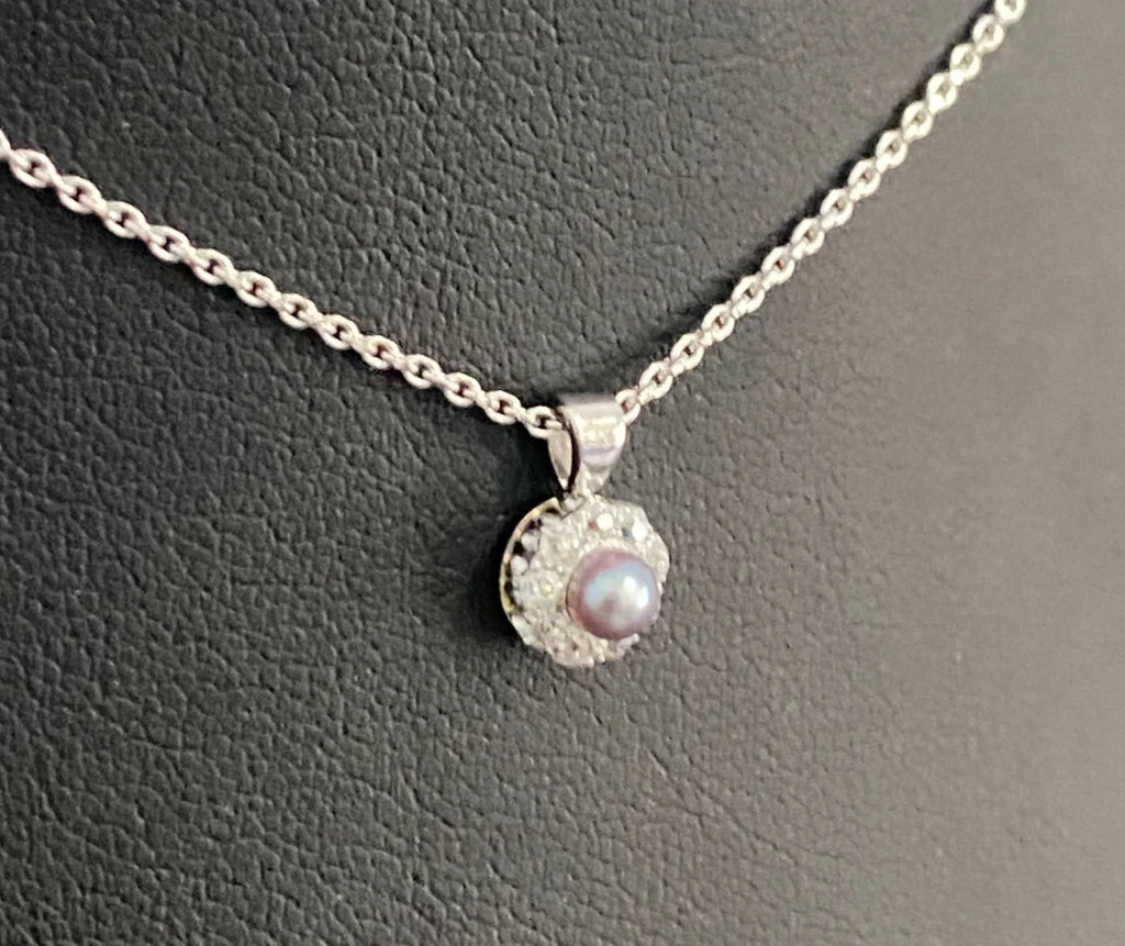 14K White Gold W/ Pearl & Diamond Pendant