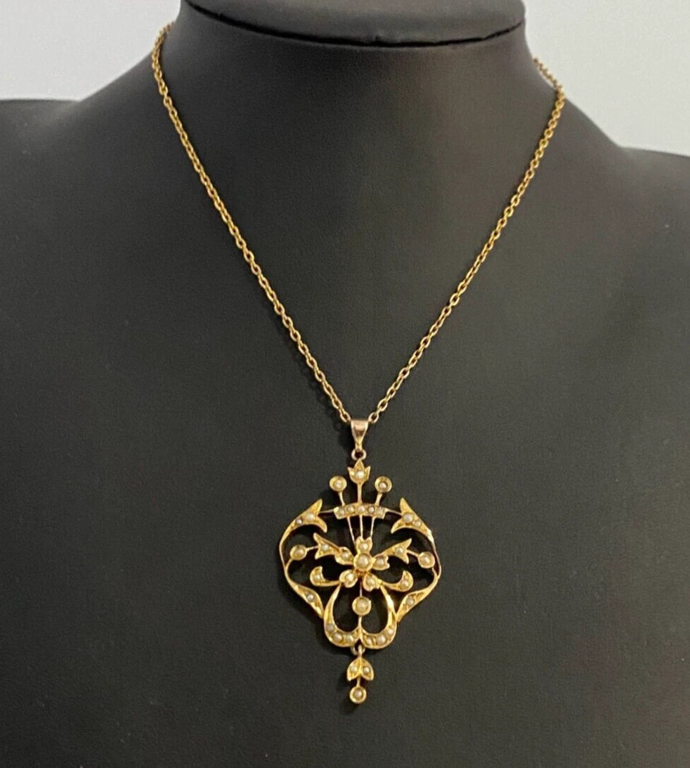 Victorian 9K Yellow Gold & Pearl Pendant 62mm High