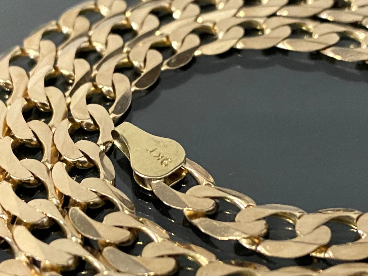 9K Yellow Gold Diamond Cut Flat Curb Link Chain Necklace 52cm Long