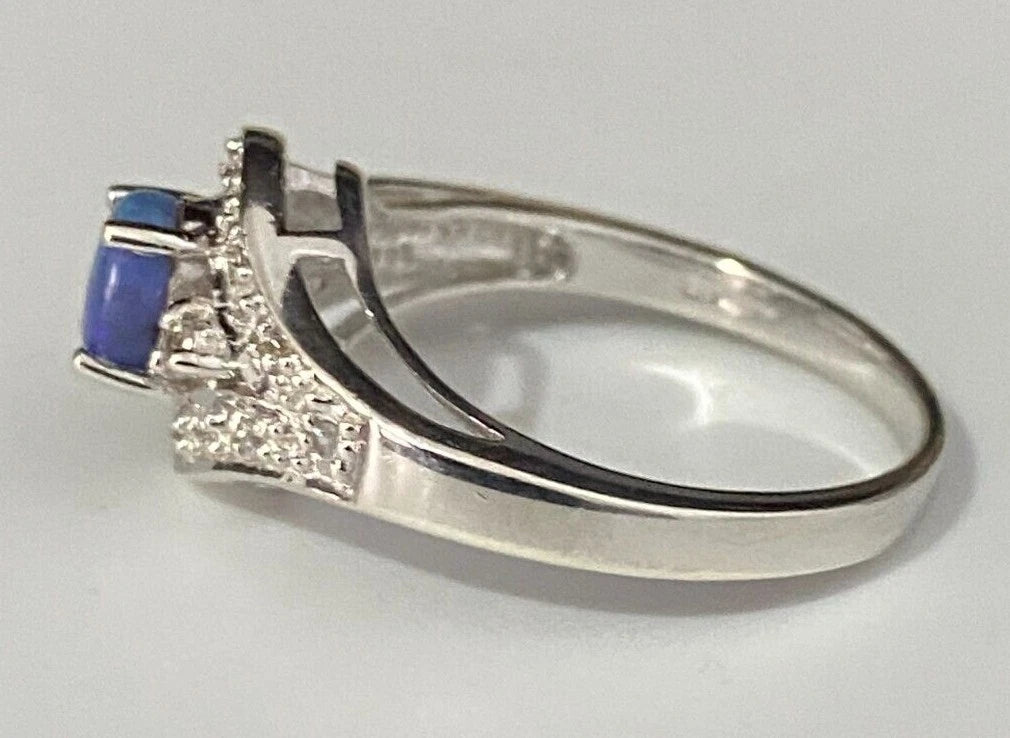 9K White Gold W/ Opal & White Zircon Ring Size N - 6 1/2