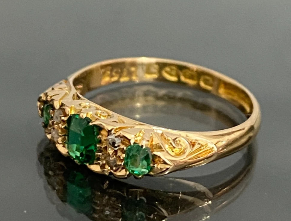 Edwardian 18K Yellow Gold W/ Green Garnet & Diamond Ring C1907 Size L 1/2 (US 6)