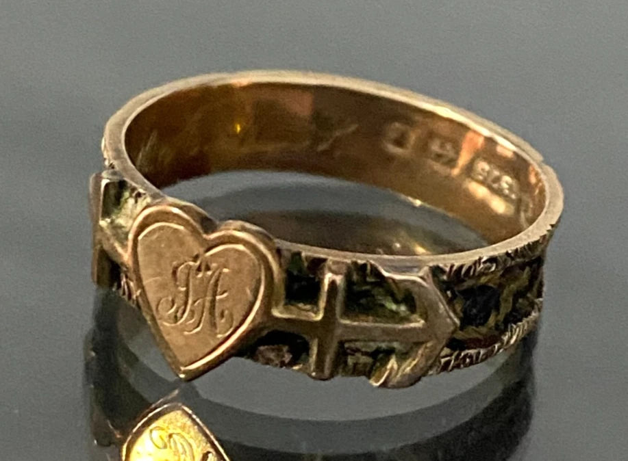Victorian 9K gold Faith Hope & Charity Woven Hair 'JA' Initial Ring C1879