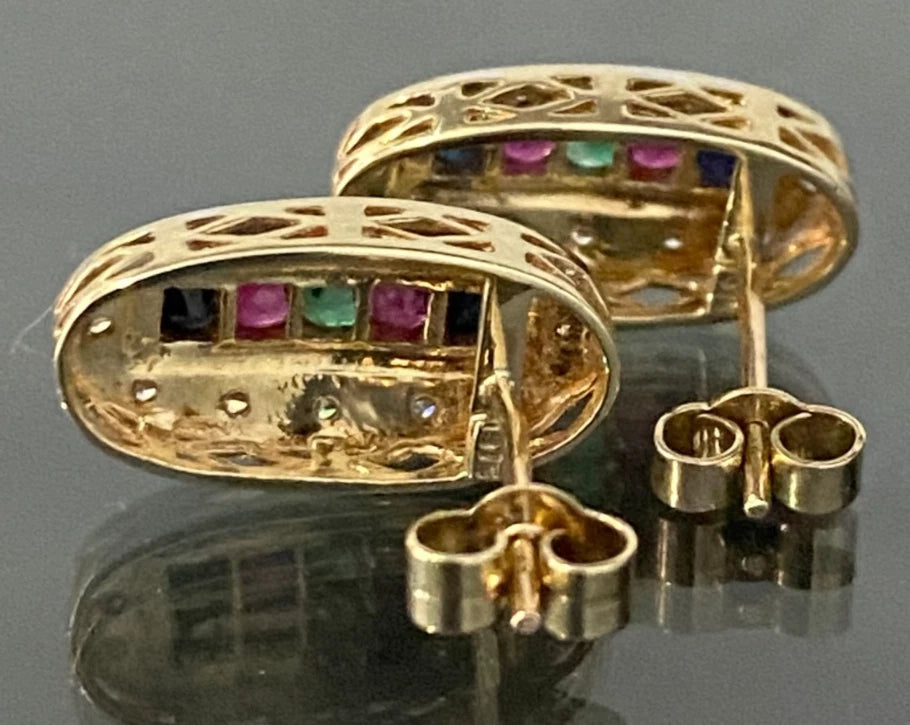 9K Yellow Gold W/ Diamond & Multi Gemstones Stud Earrings 15.0mm High