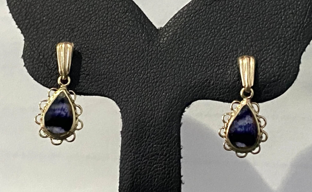 Vintage 9K Yellow Gold With Derbyshire Blue John Drop Earrings 19.0mm high