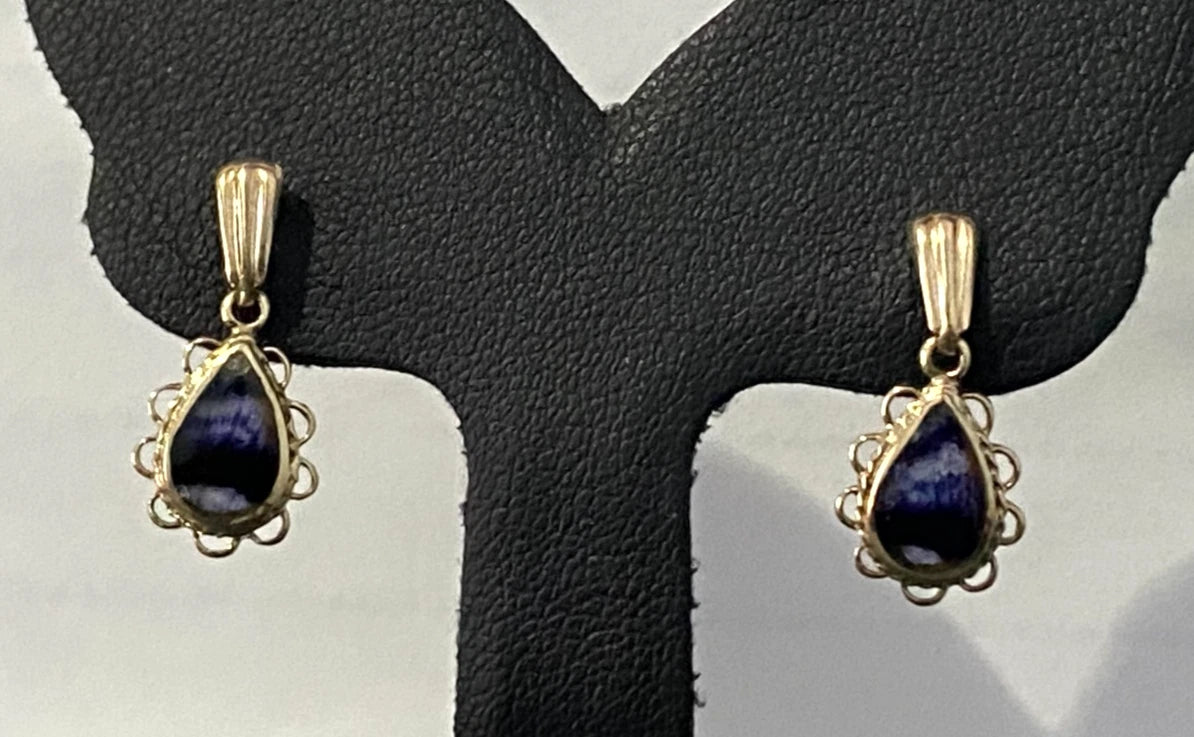Vintage 9K Yellow Gold With Derbyshire Blue John Drop Earrings 19.0mm high