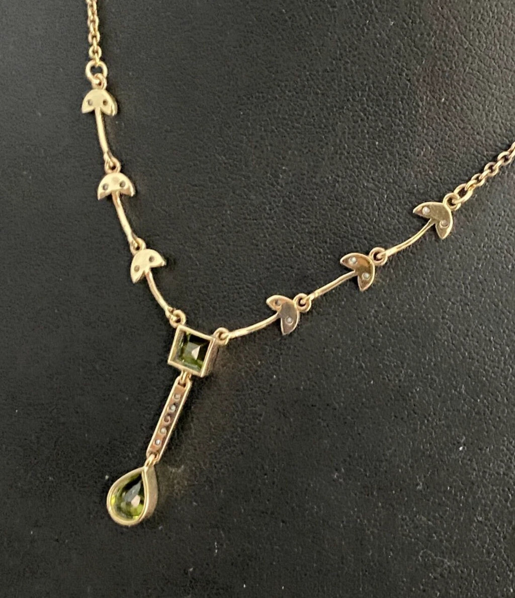 Edwardian 9K Yellow Gold W/ Peridot & Seed Pearl Drop Necklace 45cm Long