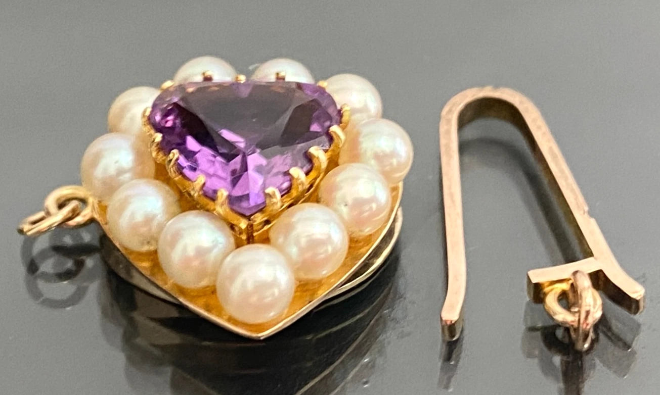 9CT Amethyst Pearl Heart shape Fishhook Clasp - Vintage Jewellery