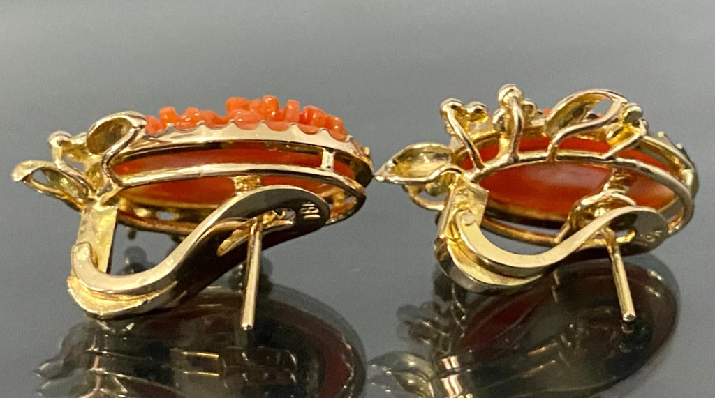 Art Deco 18K Yellow Gold & Red Coral Foliate Earrings 23.0mm