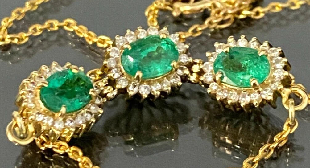 18K Yellow Gold 2.25CT Emerald & Diamond Three Cluster Necklace