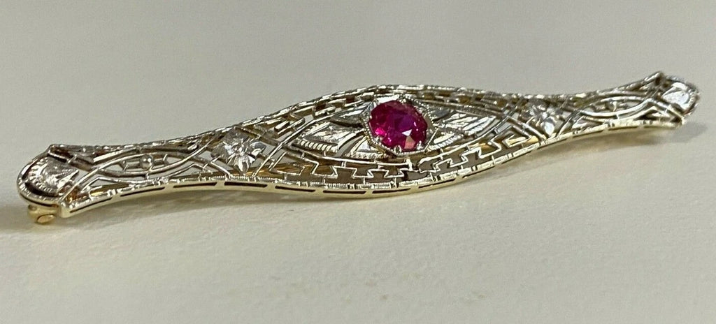 An Early 14K Gold & Ruby Filigree Brooch Pin 64.5mm