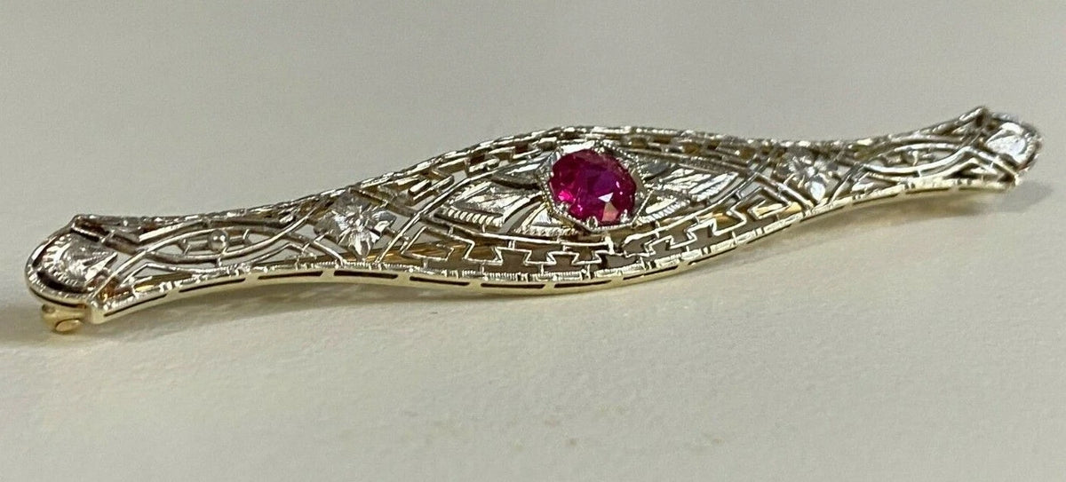 An Early 14K Gold & Ruby Filigree Brooch Pin 64.5mm