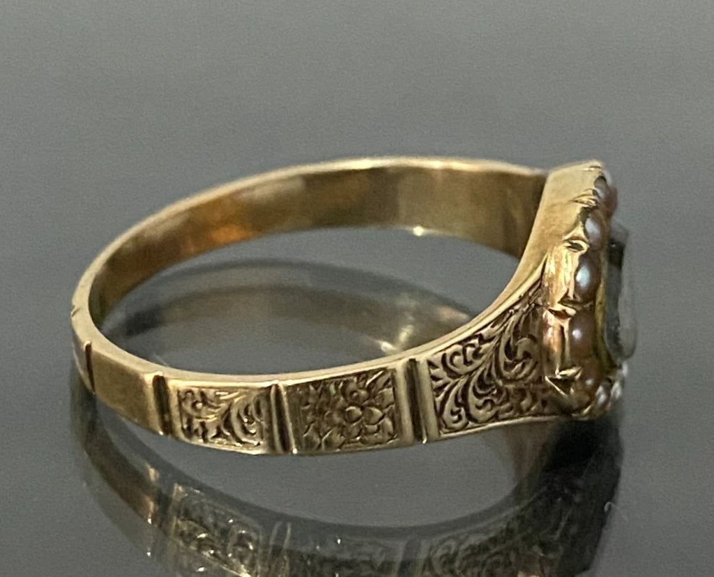 1850's 15K Yellow Gold Seed Pearl Memorial Engraved Ring Size R 1/2 - 9 1/8