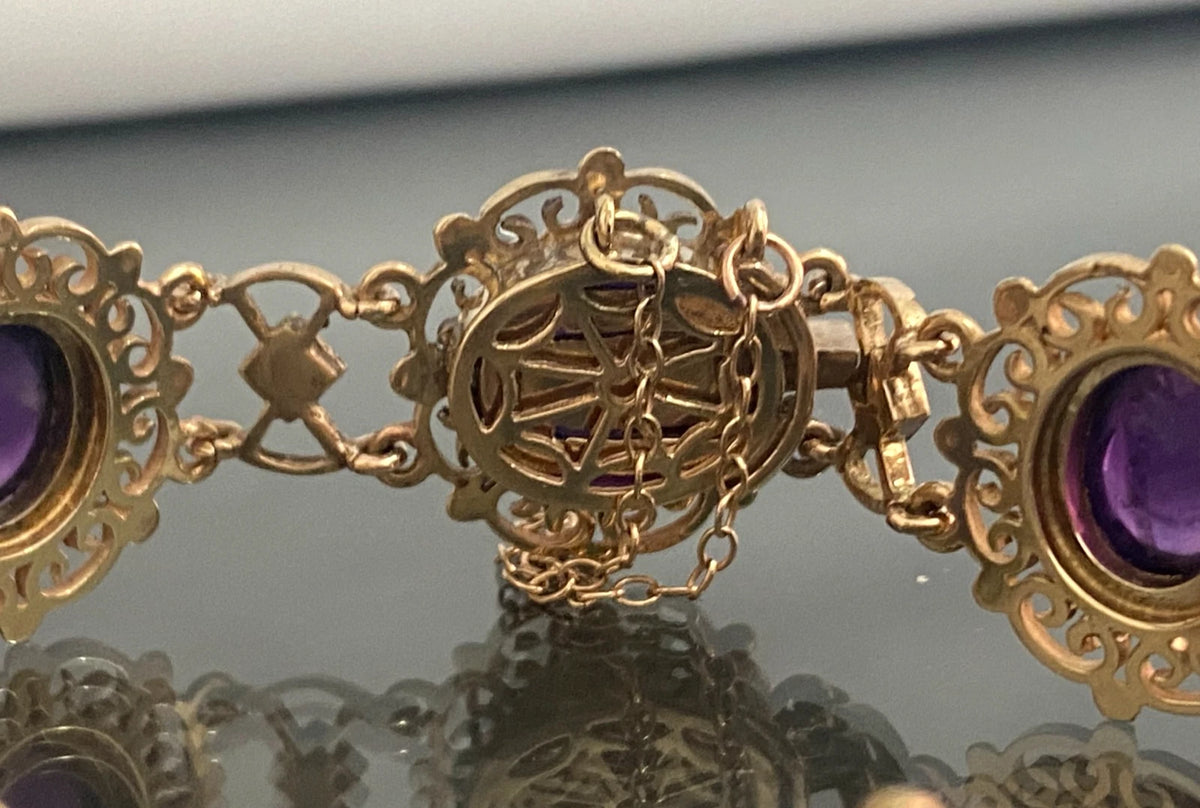 1970's 9K Yellow Gold Amethyst & Pearls Open Scrollwork Bracelet - Vintage Jewellery