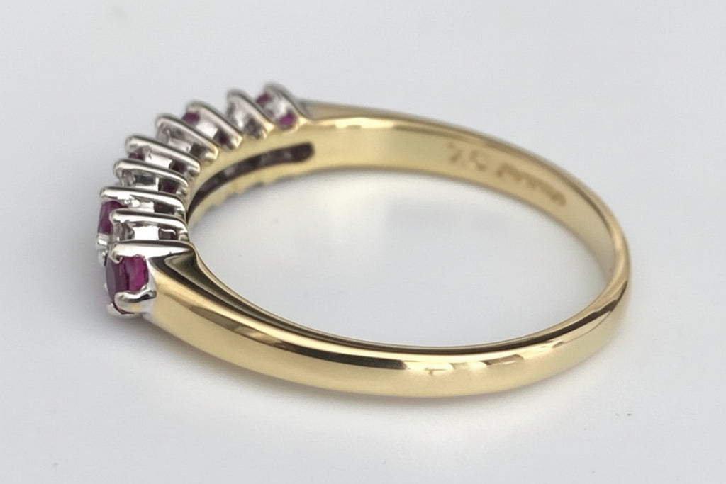 18ct Yellow Gold Ruby Diamond Half Eternity Anniversary Ring – Size R (US 8.75)