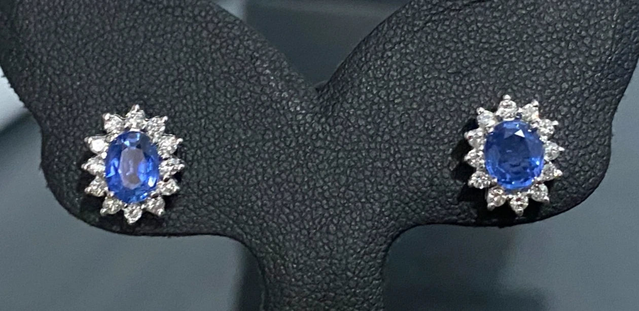 14K White Gold W/Sapphire & Diamond Cluster Stud Earrings 10.80mm