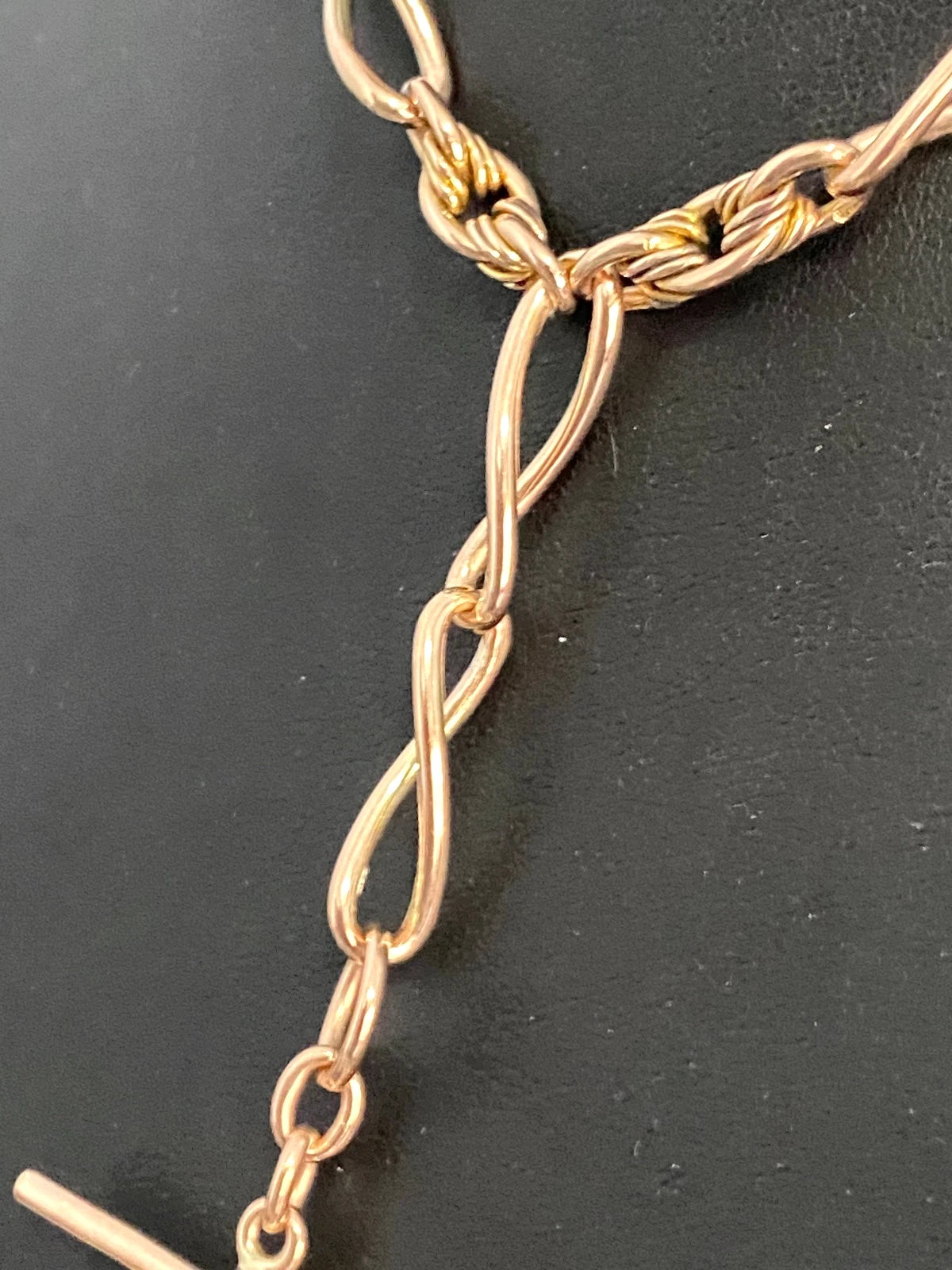 Victorian 9K Rose Gold Infinity & Knot Link Albert Chain With T-Bar