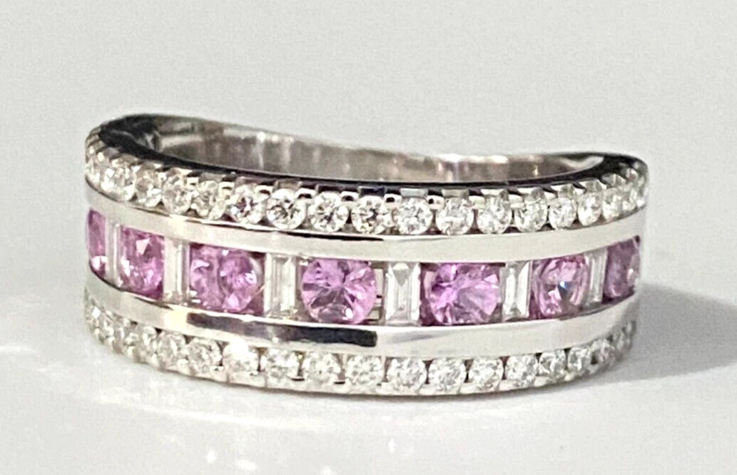 9K White Gold W/ Pink Sapphire & 0.60CT Diamond Ring Size M 1/2 - 6 1/4