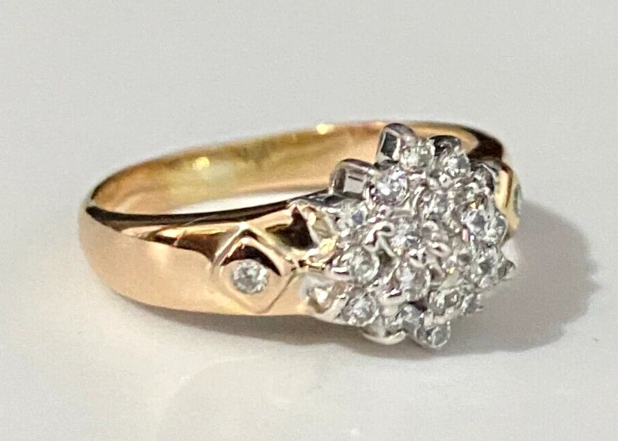 14K Yellow Gold & 0.25CT Diamond Cluster Ring Size L - 5 1/2