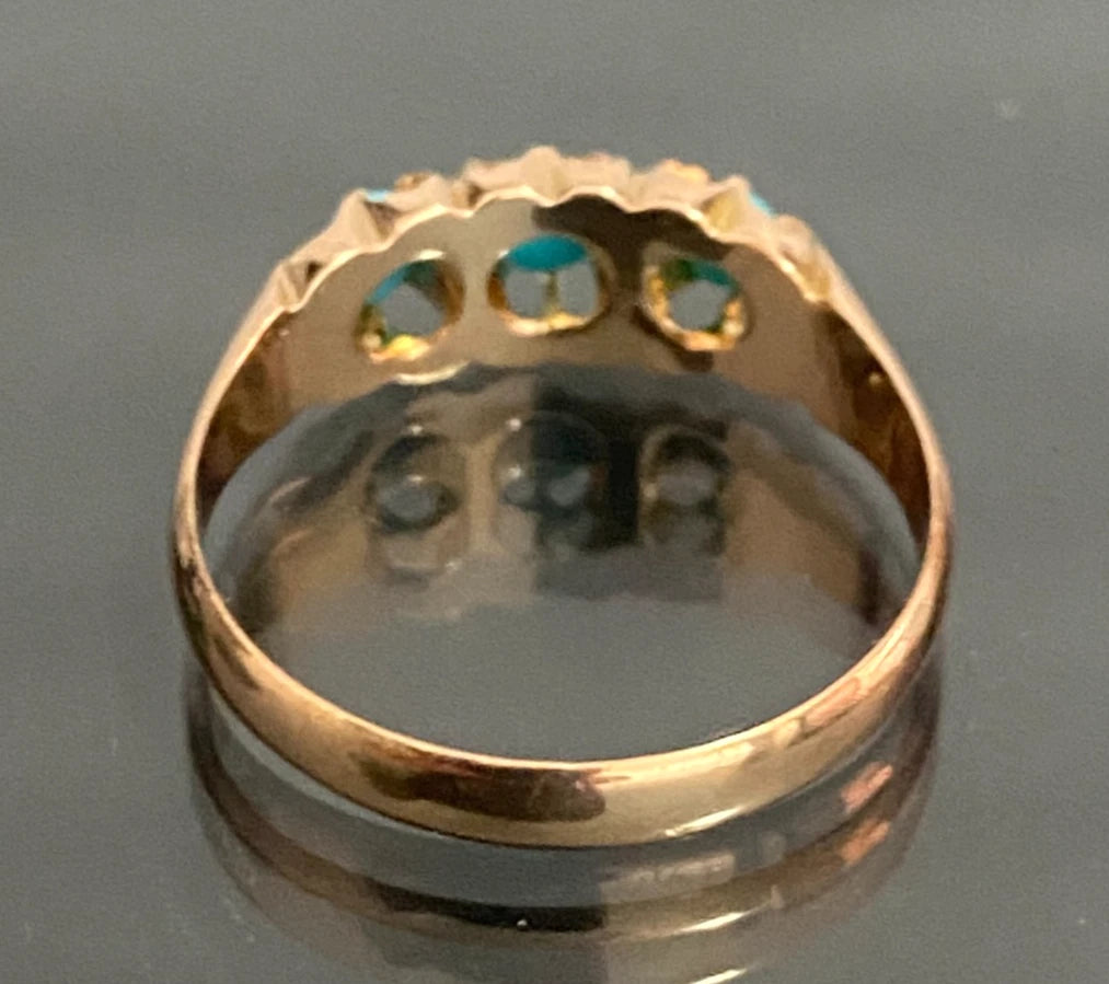Antique 18K Rose Gold W/ Turquoise & Diamond Ring C1898 Size N (US 6.75)