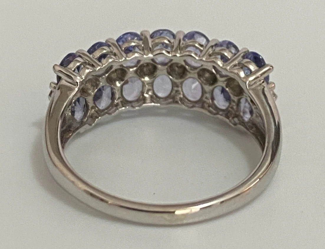 9K White Gold Tanzanite & Diamond Double Row Ring Size O (US 7.25)