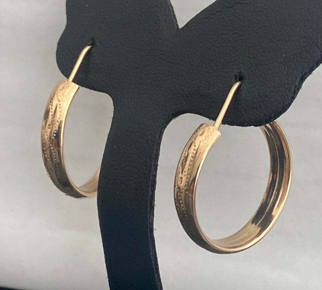 Vintage 18ct Solid Rose Gold Engraved Hoop Earrings